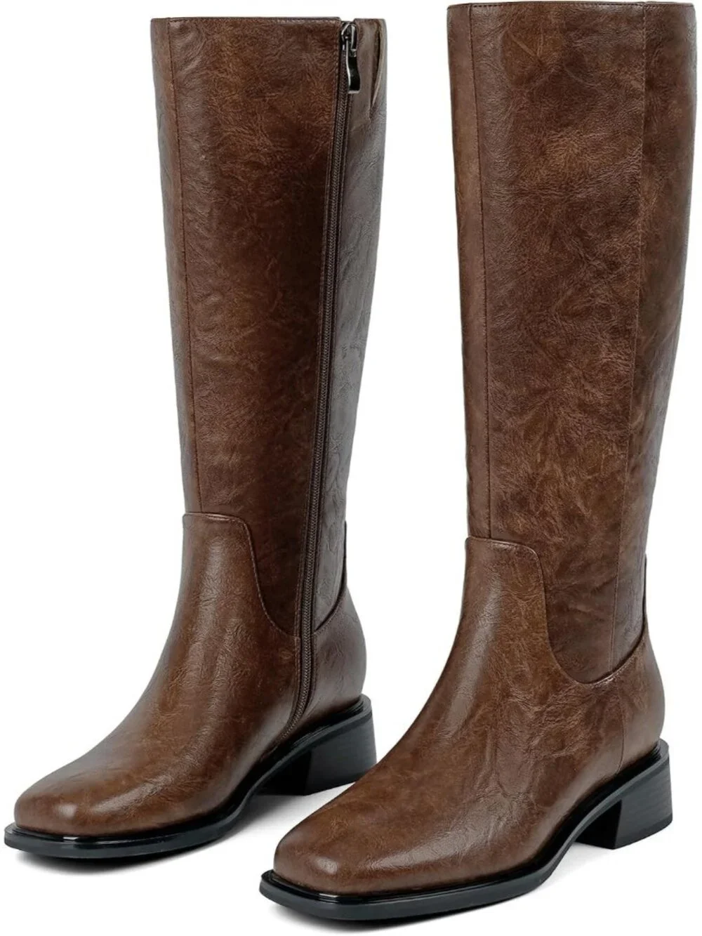 Women's Brown Faux Leather Square Toe Knee High Stylish With Side Zipper Boots